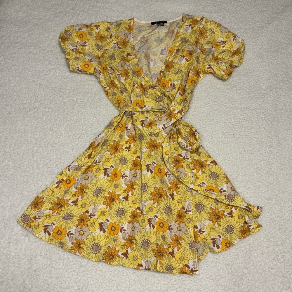 Forever 21 Women Yellow Sunflower Wrap Mini Dress